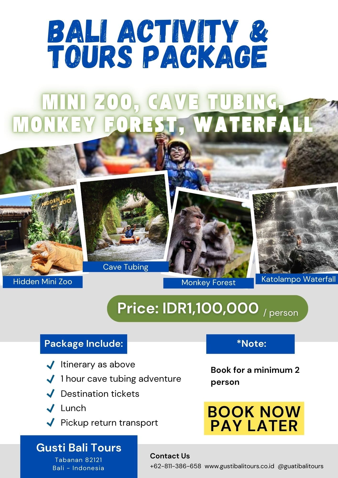 Mini Zoo_Cave Tubing_Monkey Forest_Waterfall_Bali